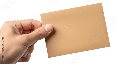 Hand holding blank beige envelope isolated on white background