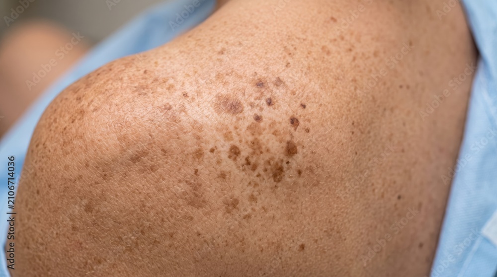Naklejka premium Woman shoulder with skin pigmentation and brown spots. Medical dermatological examination of sun damage on human epidermis. Healthcare concept for skin cancer check and beauty care.