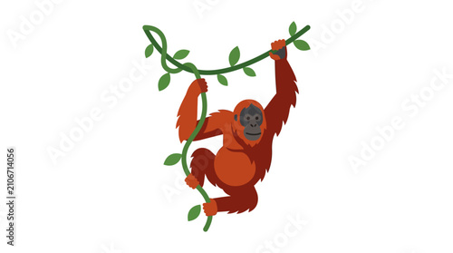 Friendly Orangutan Swinging on a Vine - Flat Design Illustration