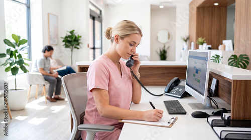 Medical assistant answering phone while working on computer at reception in clinic