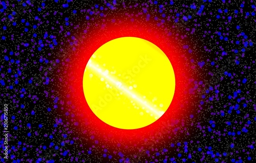 Glowing yellow sun with orange halo in deep space, surrounded by colorful stars on a dark cosmic background
