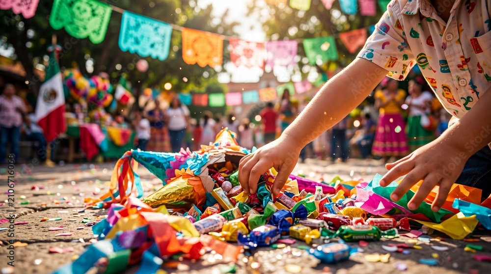 Fototapeta premium Boy collecting candies from broken pinata at Mexican street fiesta. Colorful confetti and papel picado decorations with flags and balloons. Traditional childrens game in cultural holiday celebration