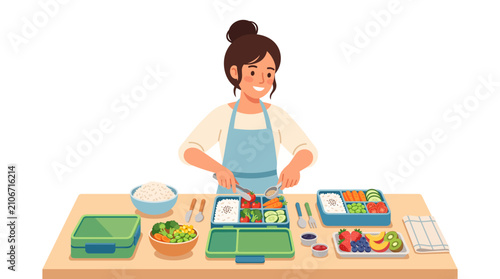 Cheerful woman preparing various ingredients in a kitchen.