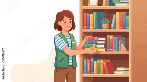 Woman choosing a book from a home bookshelf.