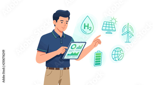 Man presenting renewable energy concepts with digital tablet.