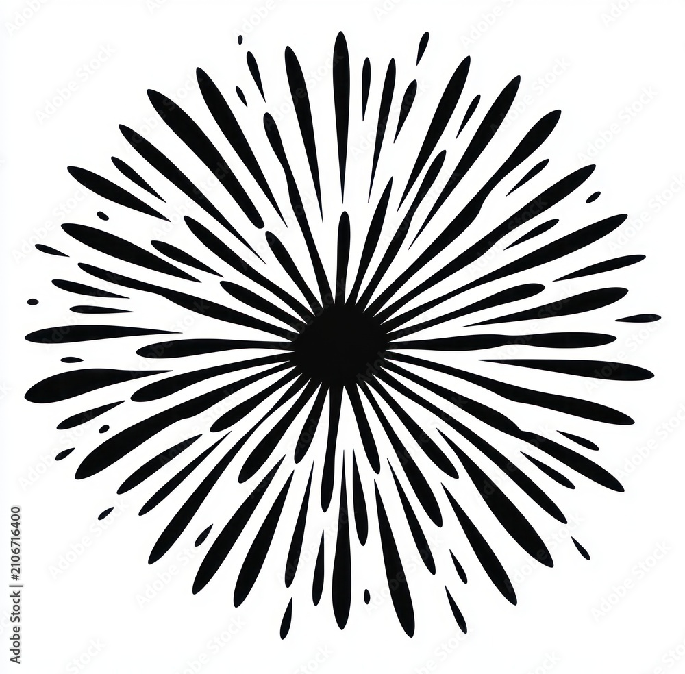 Obraz premium Bold black radial burst with teardrop-shaped petals radiating from a dense circular center on a white background, expressive energetic abstract floral explosion