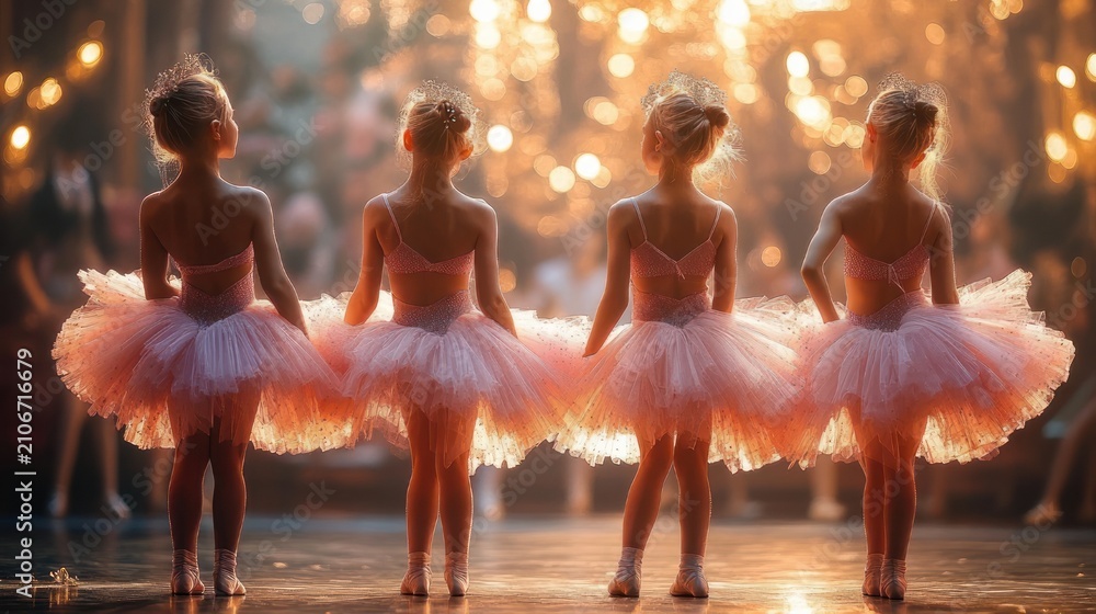 Fototapeta premium Four young ballerinas in pink tutus and tiaras on a softly lit stage, poised and glowing with graceful anticipation amid warm golden bokeh