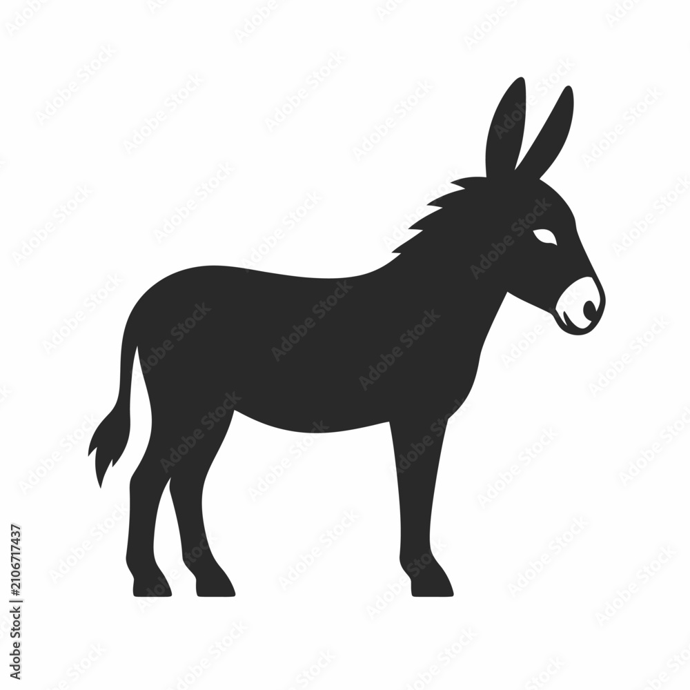 Fototapeta premium Simple graphic illustration of a donkey silhouette, representing steadfastness, traditional agricultural labor, and rural farm life, perfect for emblems or design elements