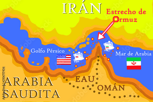 Cuadro en lienzo Estrecho de Ormuz bloqueo barco petrolero Irán y USA petróleo, guerra, bandera y