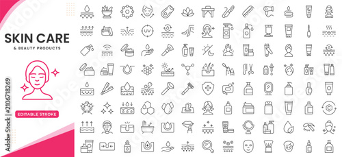 Skin care icon set in editable stroke. Wellness and body spa anti ageing, pore tighten, cosmetology, spa treatments, massage, hyaluronic acid, serum. Cosmetics and Spa line icons vector illustration