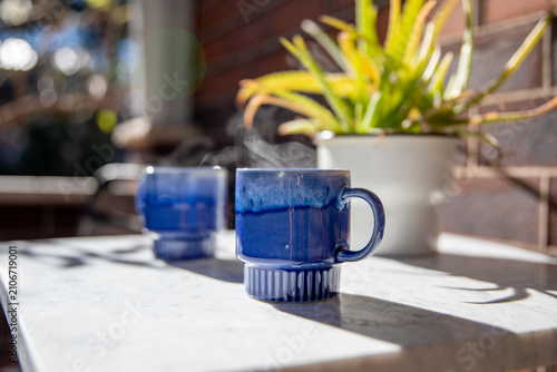 Warm Beverages On Outdoor Marble Table