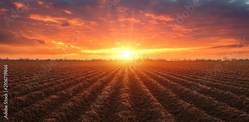 golden sunrise casting sunbeams across a freshly plowed field with deep furrows under a dramatic orange sky, evoking calm and hope