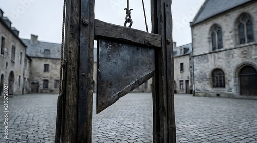 Historical wooden guillotine in an old courtyard