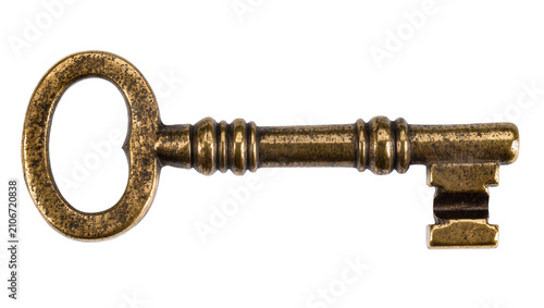 Photography Isolated antique ornate skeleton key, old vintage bronze metal object, security