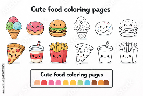 Cute Food Coloring Pages for Kids, Kawaii Fast Food and Dessert Printable Set