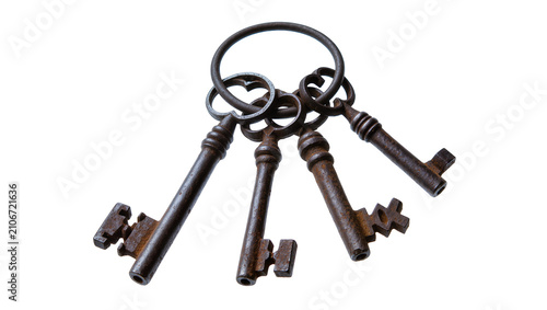 Canvastavla Isolated antique rusty metal skeleton keys on a keyring, vintage style and aged