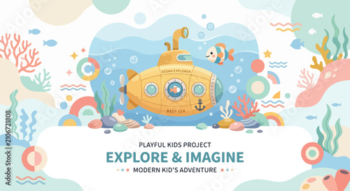Obraz na płótnie A playful vector illustration of a yellow submarine exploring a colorful underwater world filled with coral, fish, and abstract shapes