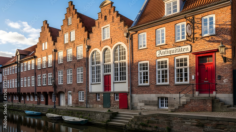 Fototapeta premium Scenic Historic Brick Buildings Along a Quiet Water Canal in a Charming Traditional German Town at Sunset