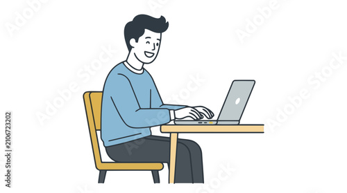 Smiling young man typing on a laptop computer while sitting at a desk and chair, vector illustration