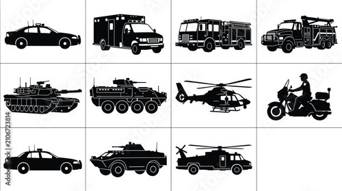 Fotografía Emergency services and military vehicles silhouette set including police car amb