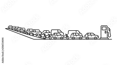 Fotografía Traffic Jam at Gas Station: Cars and Motorcycles Waiting in Line