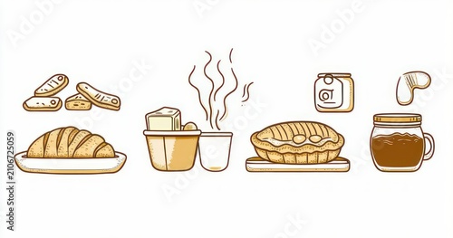 Cozy breakfast spread with croissant, sliced bread, butter dish, steaming cup, round pastry, jam jar and a mug, warm and inviting