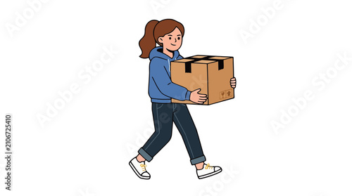 Young Woman Carrying a Cardboard Box with Fragile Symbols, Vector Illustration