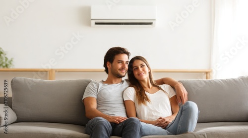 Couples in cozy room with air conditioner unit above couch