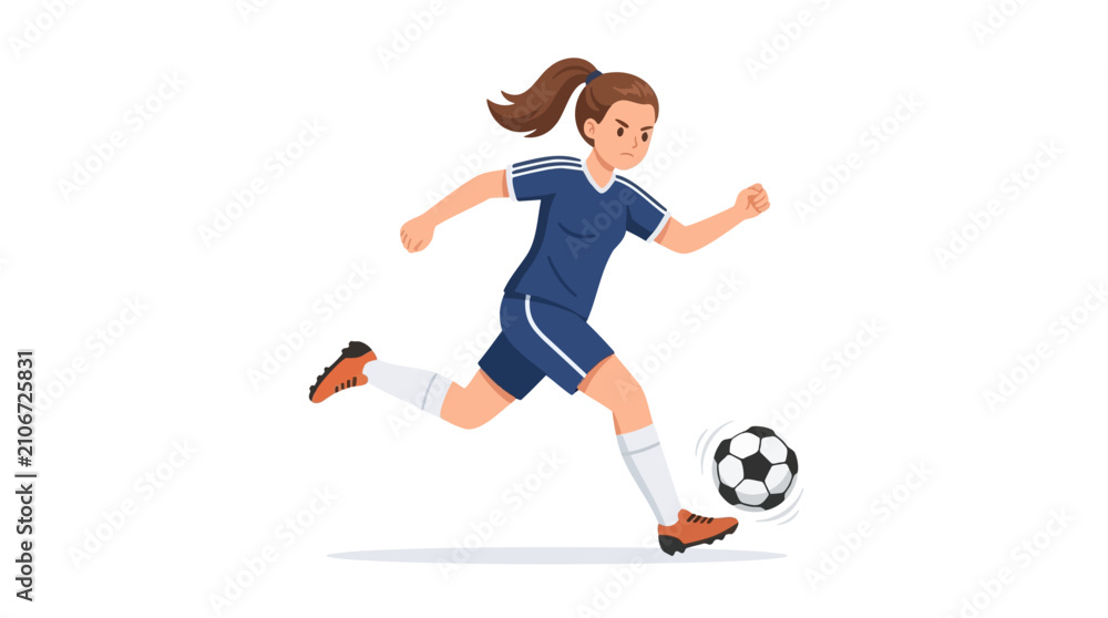 Fototapeta premium Female soccer player in blue uniform kicking a soccer ball during a match with determination on her face