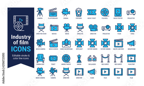 Film industry editable stroke line icons set, movie production symbols, cinema camera, clapperboard, video projector, popcorn, ticket, and award trophy
