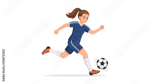 Female soccer player in blue uniform kicking a soccer ball during a match with determination on her face