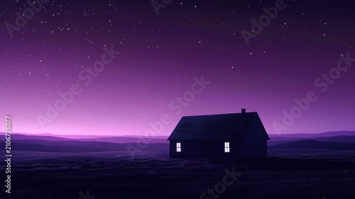 A solitary house nestled in a purple twilight landscape under a starlit sky.