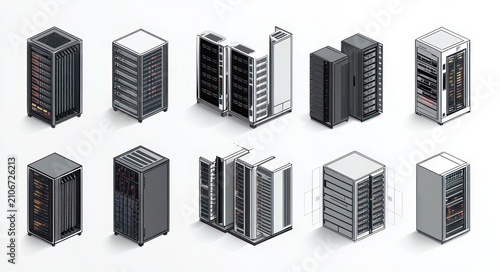 isometric illustrations of twelve server racks and data center cabinets on a light background conveying a precise, technical, organized atmosphere