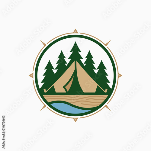 Camping Tent and Pine Trees Compass Logo Emblem