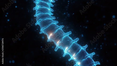futuristic glowing holographic human spine wireframe with luminescent nodes and drifting particles conveying scientific wonder and clinical precision