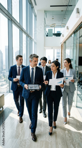 Professional Business Team Walking Together Discussing Strategy In Modern Office