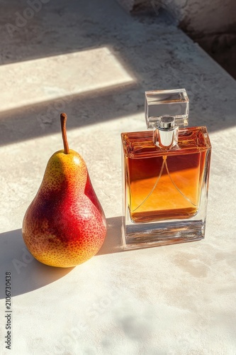Sunlit pear and glass perfume bottle on a textured stone tabletop, warm elegant still life with soft shadows