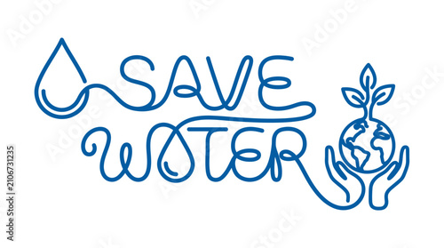 Save Water typography with globe and plant growth.