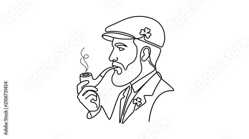 Foto Man with beard flat cap and smoking pipe