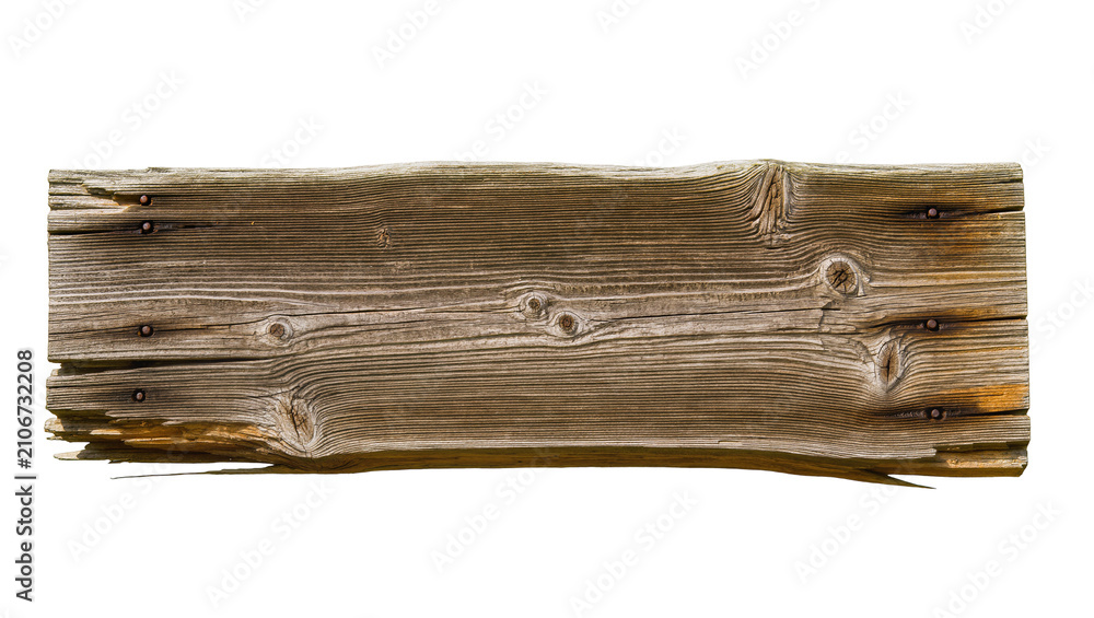 Fototapeta premium Isolated old weathered wooden plank with natural wood grain, rustic texture, and rusty nails