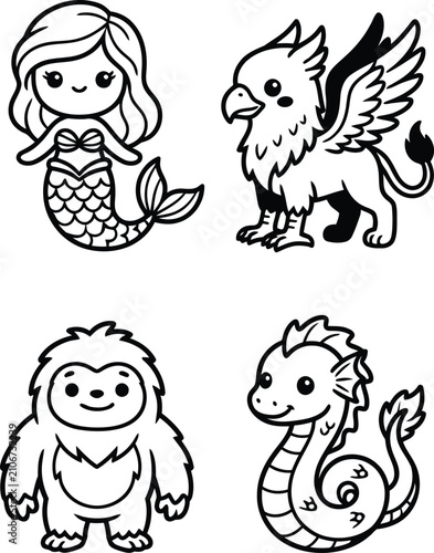 Photography A array of cute mythical creatures including a mermaid, griffin, yeti, and a sea serpent in a uncluttered line piece technique