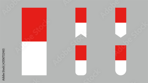 Collection of vertical red and white flat ribbon banner elements in a clean modern style, inspired by the colors of the Indonesian flag. Editable vector, ideal for labels, badges and graphic design.