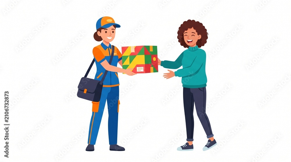 Fototapeta premium Delivery person handing package to customer. Courier delivering parcel to happy recipient.