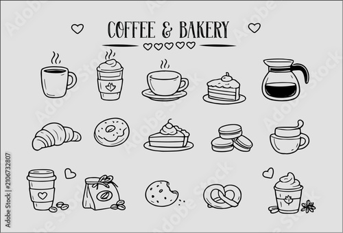 Coffee and Bakery Outline Collection, Coffee Shop and Pastry Line Art Set