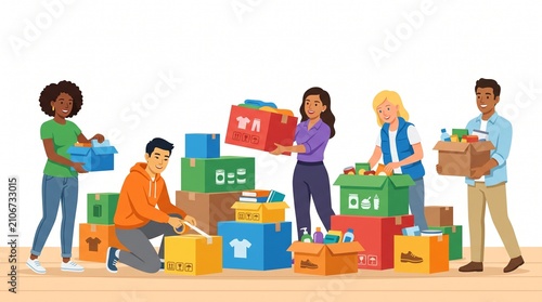 Diverse volunteers organizing donation boxes. People sorting charity goods for community aid.
