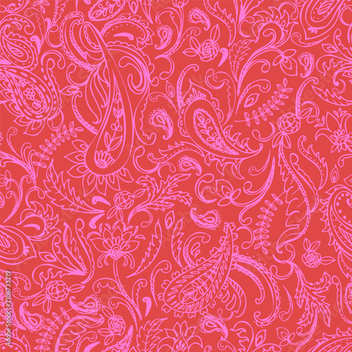 Paisley ornament seamless pattern in pink and red. Oriental decorative background. Vector illustration. For cards, poster, labels, boho, winter holiday