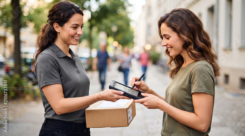 Woman courier delivering package to happy woman signing for parcel on mobile device. Logistics service and digital delivery proof. Ecommerce shipping and customer service on city street