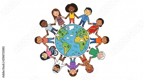 Diverse people holding hands around the globe. Global unity and international community concept.