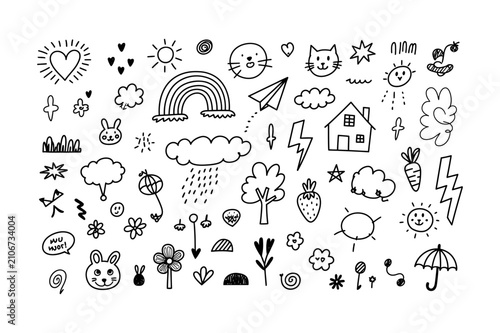 Cute Hand Drawn Doodle Elements Collection with Rainbow, Sun, Clouds, House, Trees, Flowers, Bunny, Cat, Hearts, Lightning, Umbrella and Nature Icons. Kawaii Vector Illustration Set