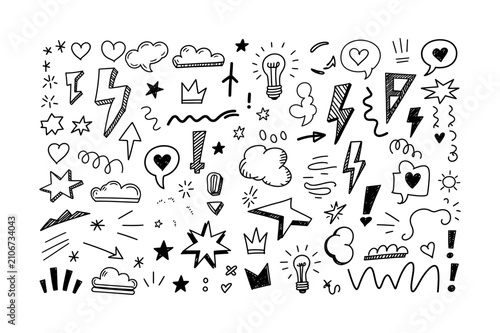 Hand Drawn Doodle Elements and Decorative Symbols Set with Hearts Stars Clouds Lightning Speech Bubbles Arrows Light Bulbs Crowns and Abstract Sketch Icons Vector Illustration